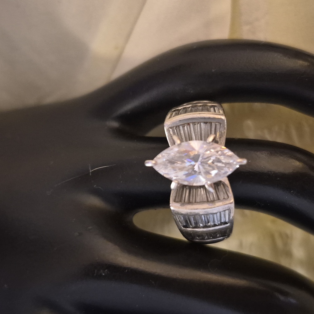 Vintage 80's Sterling Silver Marquise Bagette Chunky Statement Bridal Ring Sz 9